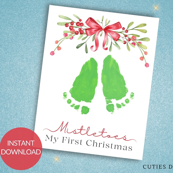 My First Christmas Footprint Art Baby First Holiday Card Memory Keepsake Infant Footprint XMas Decor Handprint Art Christmas Mistletoes