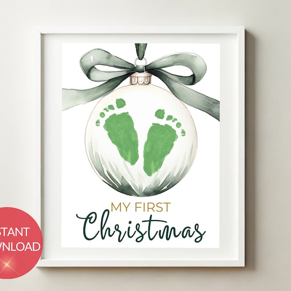 My First Christmas Printable Craft, Infant Handprint Footprint Memory Keepsake, DYI Newborn Holiday Art, Family Parent Christmas Gift