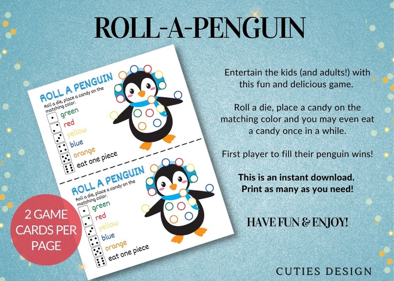 Roll a Penguin Game, Instant Download Christmas Game for Kids