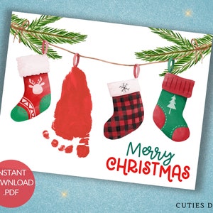 Arte dell'impronta della calza di Natale, artigianato natalizio per bambini, attività scolastica, ricordo stampabile del bambino, attività familiare con biglietti fai da te