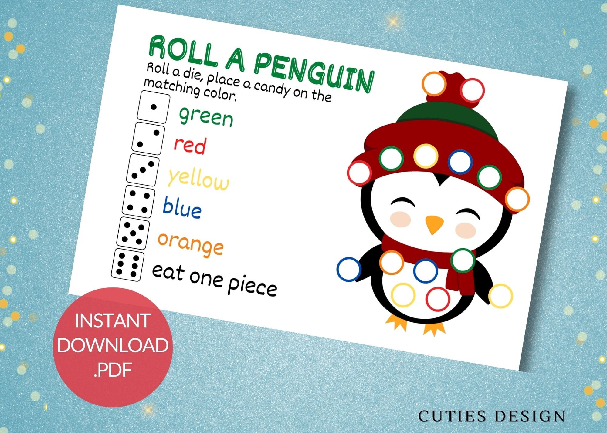 Roll a Penguin Game, Instant Download Christmas Game for Kids