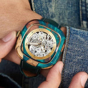 Custom Wooden Mechanical Watch: Resin Inlay, Leather Band