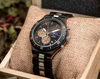 Mens Wooden Watch for Fathers Day gifts - Classic Chronograph Moonphase Ebony Black Watch with Free Engraving Fashion Accessory for Men