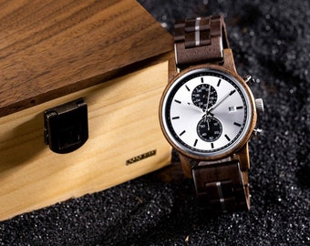 Christmas Gift, Men’s Wooden Watches - Classic Walnut Wood with Silver Chronograph, Gift idea, Anniversary Gift, Wedding Gift