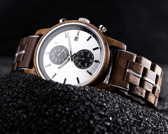 Regalo de Navidad, Relojes de madera para hombre - Madera de nogal clásica con cronógrafo plateado, idea de regalo, regalo de aniversario, regalo de boda