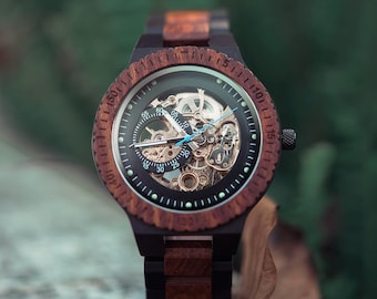 Father's Day Present: Wood Mechanical Watch, Engraved Mens Gift, Steampunk Style, Christmas Wood Watch for Him GR005