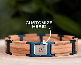Personalized Wooden Men's Bracelet - Custom Engraved Olive Wood and Stainless Steel Bracelet, wedding gifts