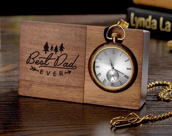 Reloj de bolsillo de madera grabado personalizado para papá - Regalo del Día del Padre, Regalo de aniversario para él, Reloj de padrinos, Regalo de aniversario