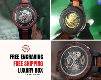 Father's Day Present: Wood Mechanical Watch, Engraved Mens Gift, Steampunk Style, Christmas Wood Watch for Him GR005