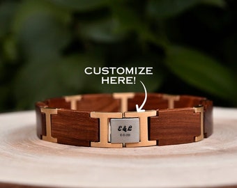 Pulsera de madera personalizada para hombre - Pulsera de madera de olivo y acero inoxidable grabada personalizada, regalos de boda
