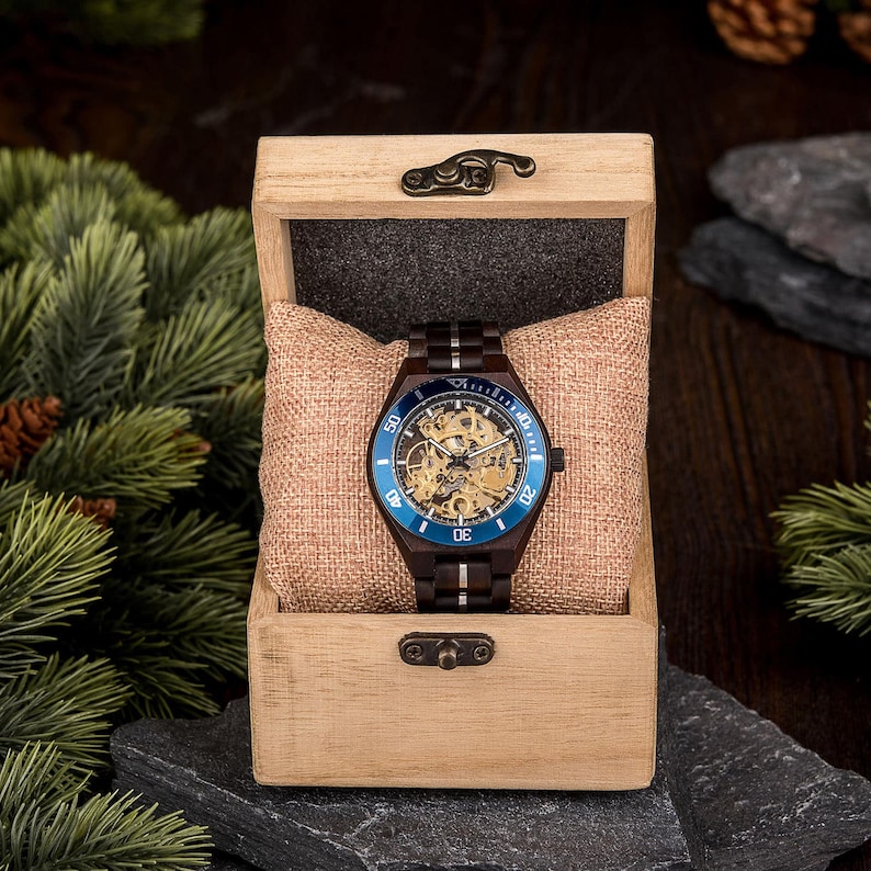Mechanical Wooden Watch, Anniversary Gift for Him, Wood Watch, Engraved Watch, Wooden Watch, Groomsmen Watch, Gift for Dad, GT102 Yes, Wooden Box