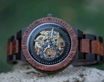 Unique holiday gift, gift for him, mechanical wooden watch, free personalised men's watch. anniversary gift 005