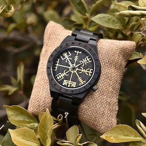 Personalized Zebrawood Viking Watch: Vegvisir Helm, Engraved Gift