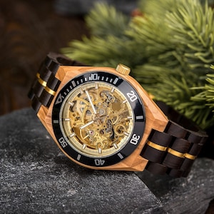 Unbeatable Handcrafted Skeleton Mechanical Wooden Watch - Ebony Black - Perfect Gift for Men, Anniversary gift, Father's Day Gift -GT102