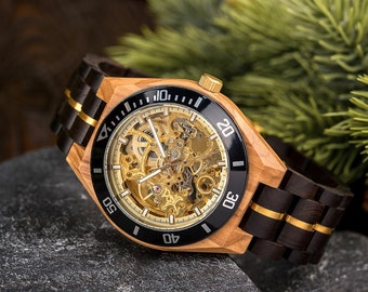 Unbeatable Handcrafted Skeleton Mechanical Wooden Watch - Ebony Black - Perfect Gift for Men, Anniversary gift, Father's Day Gift -GT102
