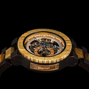 Engraved Wood Mechanical Watch Unique Christmas Gift for Him, Steampunk Style 005 Yes, name on side