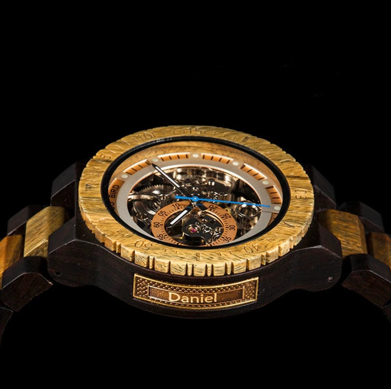 Engraved Wood Mechanical Watch Unique Christmas Gift for Him, Steampunk Style 005 Yes, name on side