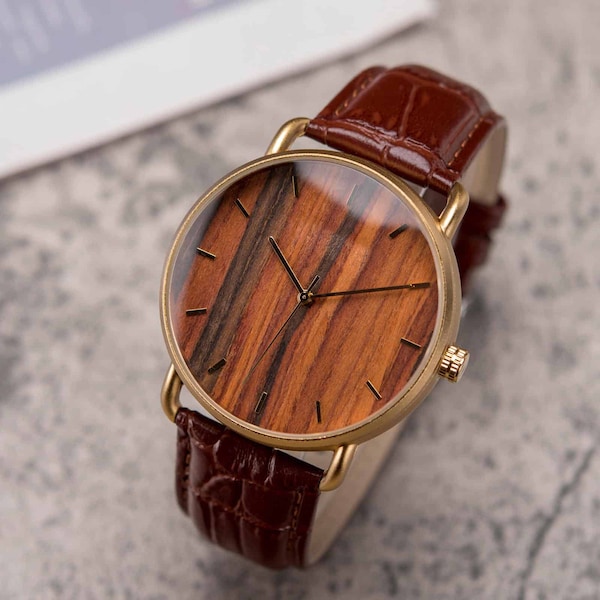 Engraved wooden watch with leather strap/ Engraved watch/ Minimalist watches for men/ Personalised anniversary gift for him/ Men's Watch