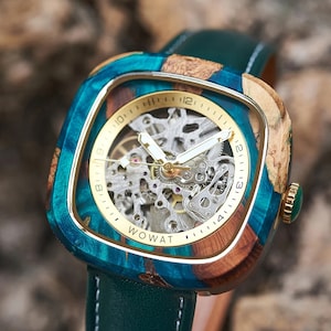 Custom Father&#39;s Day Present: anniversary Gift, Wedding Gift, Mechanical Timepiece with Wood and Resin, wooden watch.
