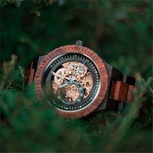 Engraved Wood Mechanical Watch Unique Christmas Gift for Him, Steampunk Style 005 image 5