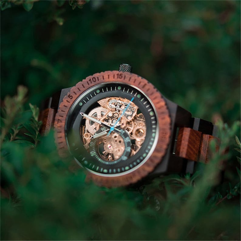 Engraved Wood Mechanical Watch Unique Christmas Gift for Him, Steampunk Style 005 image 5