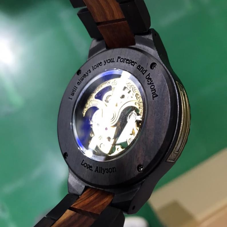 Engraved Wood Mechanical Watch Unique Christmas Gift for Him, Steampunk Style 005 Yes, back plate