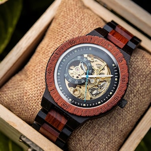 Unique Engraved Wooden Watch - Men's Christmas Gift - Mechanical Timepiece - Engraved Wood Watch -005