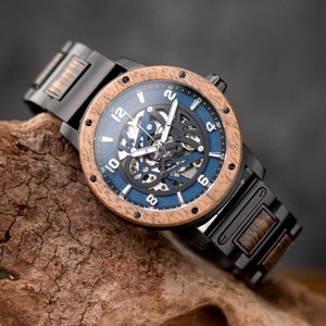 Unique Holiday Gift Personalized Skeleton Watch for Men - Automatic Mechanical Walnut Blue, Christmas Gift, Anniversary Gift, Free Engraving