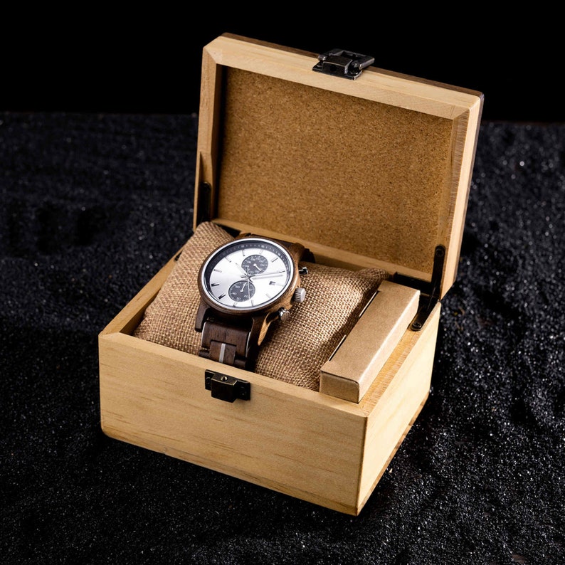 Christmas Gift, Mens Wooden Watches Classic Walnut Wood with Silver Chronograph, Gift idea, Anniversary Gift, Wedding Gift Yes both