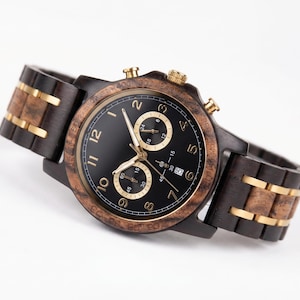 Engraved Wooden Watch for Men, Father's Day Gift, Personalised Wood Watch, Anniversary Husband Birthday, Ebony Chronograph