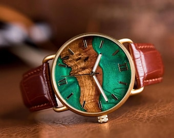 Montre en bois gravée avec bracelet en cuir, montre gravée, montres minimalistes pour hommes, cadeau d'anniversaire personnalisé pour lui, GT087