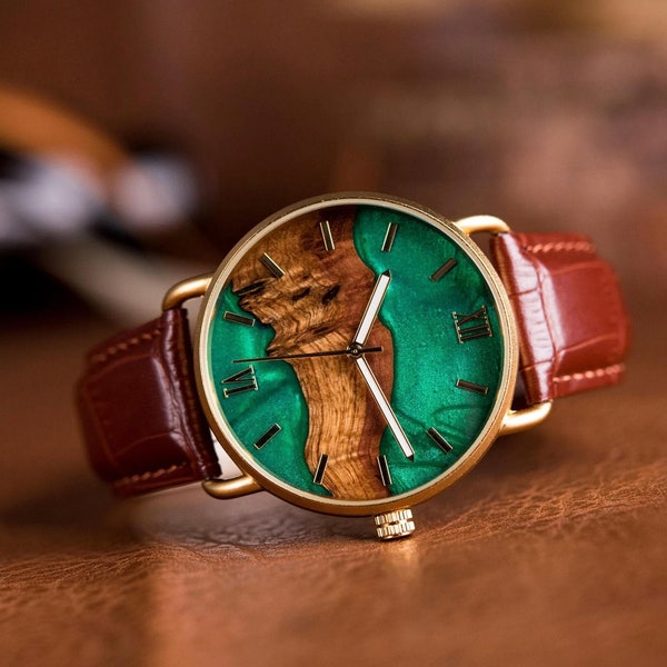 Massive Holzuhr mit Lederarmband, Uhr mit Gravur, minimalistische Uhren für Herren, personalisiertes Jubiläumsgeschenk für ihn, ST087