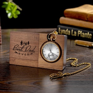 Personalized Engraved Wooden Pocket Watch with Stand - Father&#39;s Day Gift, Anniversary Gift for Him, Groomsmen Watch, Free Shipping