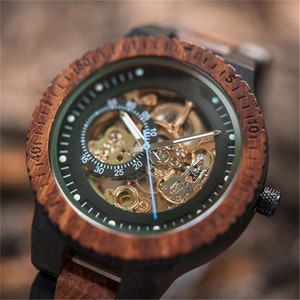 Engraved Wood Mechanical Watch Unique Christmas Gift for Him, Steampunk Style 005 image 6