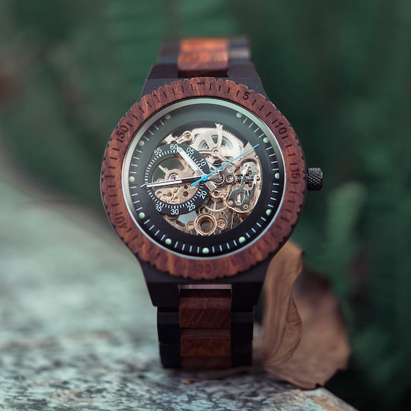 Engraved Watch, Automatic Watch, Mechanical Watch, Wood Watch, Engraved Wood Watch for Men, Steampunk Watch, Engraved Wooden Watch 005