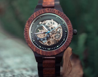 Engraved Wood Mechanical Watch - Unique Christmas Gift for Him, Steampunk Style 005