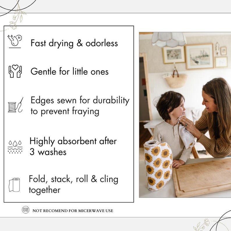 May include: A close-up of a sunflower patterned kitchen towel hanging on a towel rack. The towel is made of absorbent fabric and is gentle on delicate skin. The text "NOT RECOMMEND FOR MICROWAVE USE" is visible in the image.