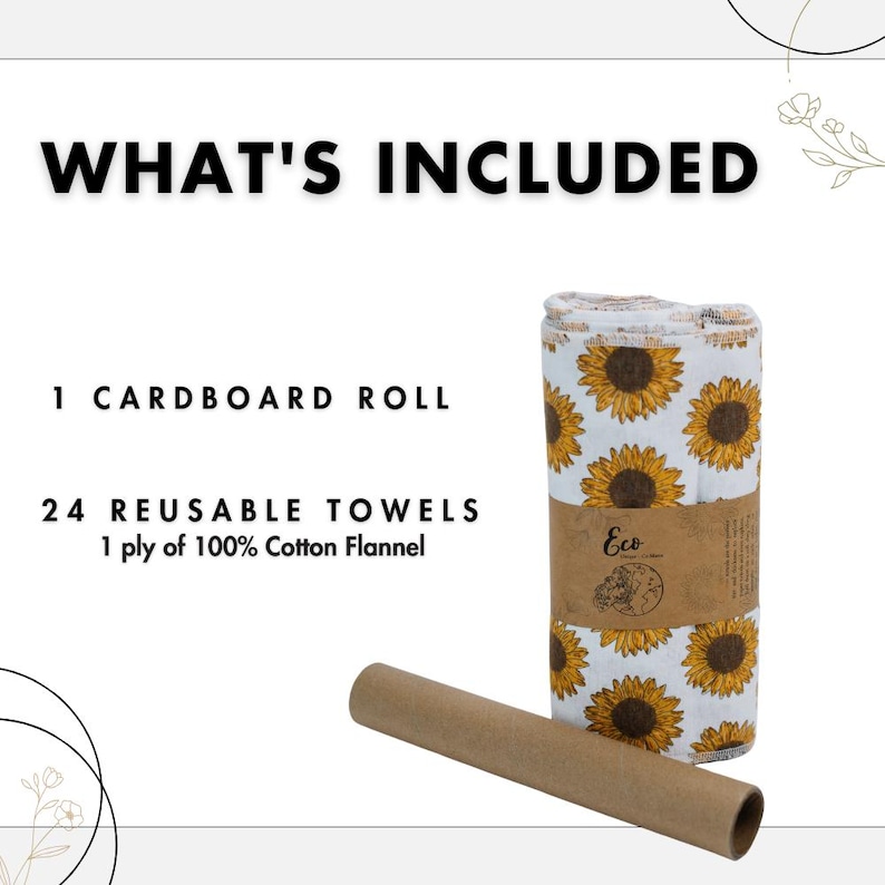 May include: A set of 24 reusable cotton flannel towels rolled up on a cardboard tube. The towels have a sunflower print and the text "Eco" on the cardboard tube.