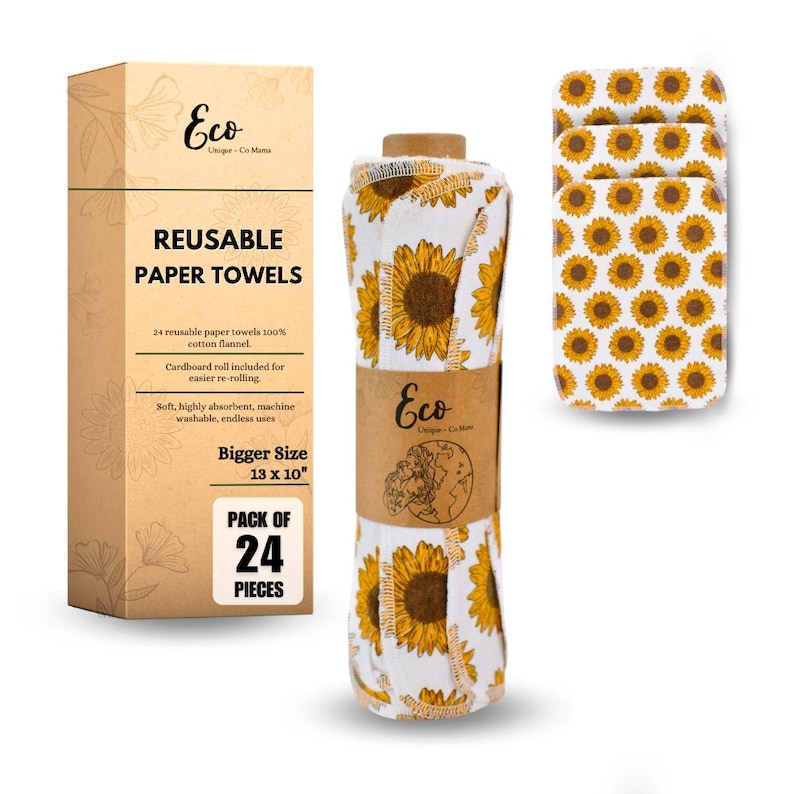 May include: A roll of 24 reusable paper towels with a sunflower pattern. The towels are 13 inches by 10 inches and are made of 100% cotton flannel. The packaging is brown with the text "Eco Unique-Co Mama" and "Reusable Paper Towels".
