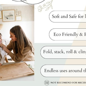 May include: A woman and child are in a kitchen using a sunflower patterned reusable paper towel. The paper towel is hanging on a metal holder. The text on the image reads "Soft and Safe for little ones", "Eco Friendly & Reusable", "Fold, stack, roll & cling together", "Endless uses around the house", and "NOT RECOMEND FOR MICERWAVE USE".