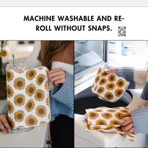 May include: A white reusable paper towel roll with a sunflower pattern. The roll is on a metal stand and is being held by a person. The image also shows a washing machine with a stack of the same paper towels inside. The text "MACHINE WASHABLE AND RE-ROLL WITHOUT SNAPS." is at the top of the image.