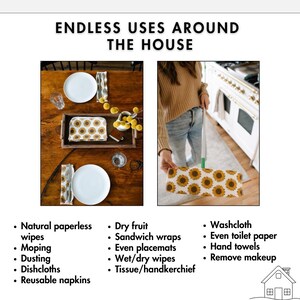 May include: A set of sunflower patterned reusable cloths with text that reads "Endless Uses Around The House". The cloths are shown being used as napkins, dishcloths, and cleaning cloths.