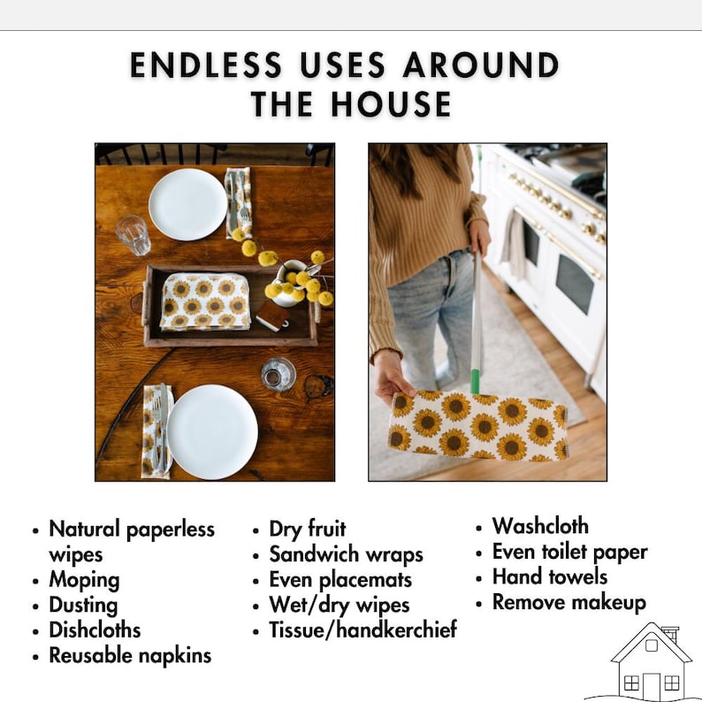 May include: A set of sunflower patterned reusable cloths with text that reads "Endless Uses Around The House". The cloths are shown being used as napkins, dishcloths, and cleaning cloths.