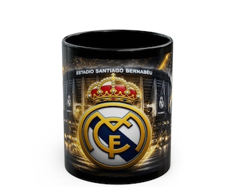 Real Madrid Crest Mug | Black Ceramic Coffee Cup, Santiago Bernabéu Stadium