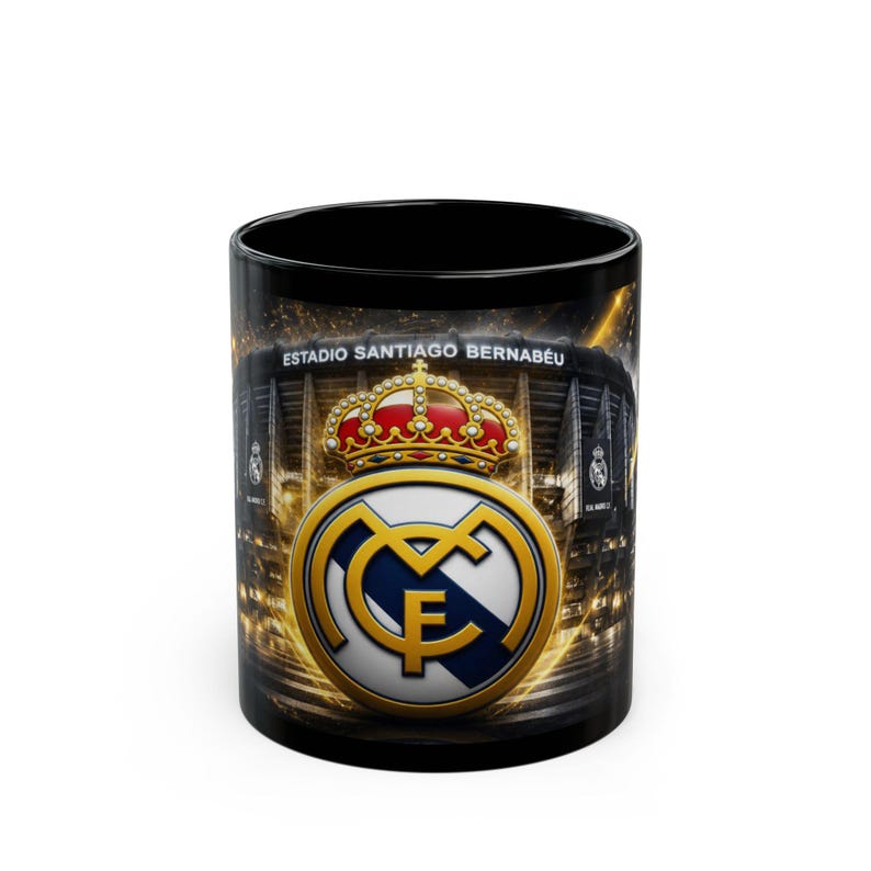 Real Madrid Crest Mug | Black Ceramic Coffee Cup, Santiago Bernabéu Stadium image 1