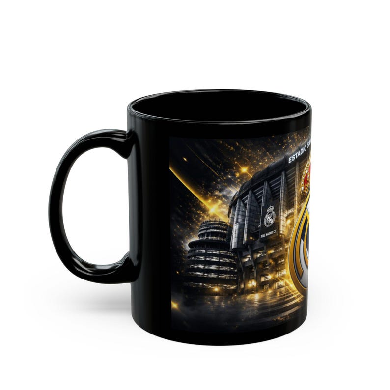 Real Madrid Crest Mug | Black Ceramic Coffee Cup, Santiago Bernabéu Stadium image 3