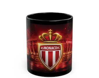 Czarny kubek z herbem AS Monaco | Kubek na kawę z logo klubu piłkarskiego
