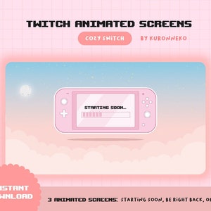 Puede incluir: Un paquete de pantallas animadas de Twitch rosa para streamers. El paquete de pantallas presenta una consola Nintendo Switch rosa con una barra de carga que dice "Starting Soon..." y un fondo rosa con nubes y estrellas. El texto "3 Animated Screens: Starting Soon, Be Right Back, Offline" está en la parte inferior de la pantalla.