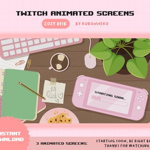以下が含まれることがあります： KuronnekoによるTwitchアニメーション画面「Cozy Desk」。デスクを上から見た図で、Starting Soonと表示されたピンクの携帯ゲーム機、緑のノート、鉛筆、ココアのマグカップ、植物、チョコチップクッキーが描かれています。