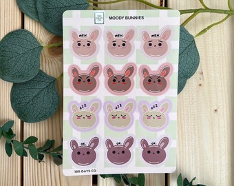 Moody Bunny Stickers | Journal, Planner, Mood Stickers, Bullet Journal Stickers, Notebook, Scrapbooking